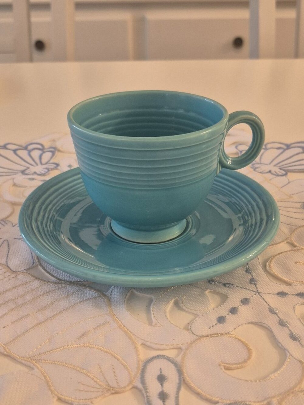 Vintage Fiestaware Turquoise Ring Cup & Saucer Flat Bottom Early Version 1937